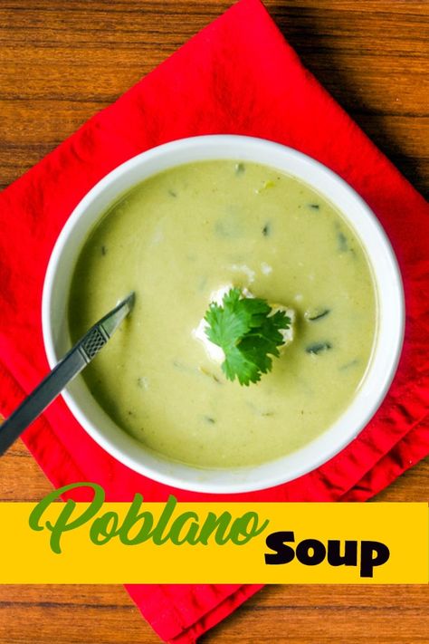 Poblano Soup is creamy, rich, and full of flavor. If you are a soup lover, you'll love this easy to prepare and healthy soup! #poblanosoup #Poblanos #soup #Mexicansoup #Hildaskitchenblog Poblano Bisque Soup, Keto Poblano Soup, Poblano Soup Mexican, Poblano Pepper Recipes Soup, Poblano Soup Creamy, Pablano Pepper Soup Recipe, Creamy Poblano Soup, Cream Of Poblano Soup Recipe, Poblano Pepper Soup