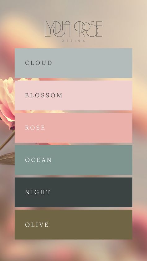 This contains a colour palette made up of olive green, dark night green, ocean teal, rose pink, soft pink and grey. Safe Colour Palette, Soothing Color Pallets, Home Decoration Color Palette, Color Schemes Palettes, Pink Green Black Gold Color Palette, Colors To Pair With Pink, Color Palette Clothing Brand, Color Palette Dusty Pink, Colors Of Pink Shades