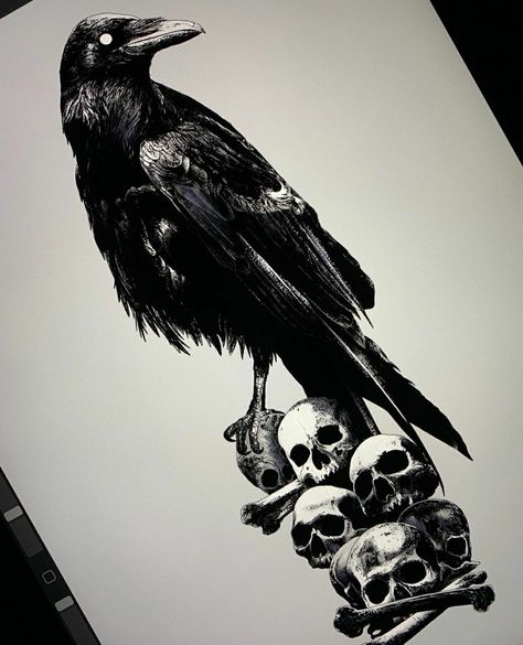 Raven And Skull Tattoo, Rabe Tattoo, Crow Tattoo Design, Rune Tattoo, Crow Tattoo, Raven Tattoo, Gothic Tattoo, Dark Art Tattoo, Dark Tattoo