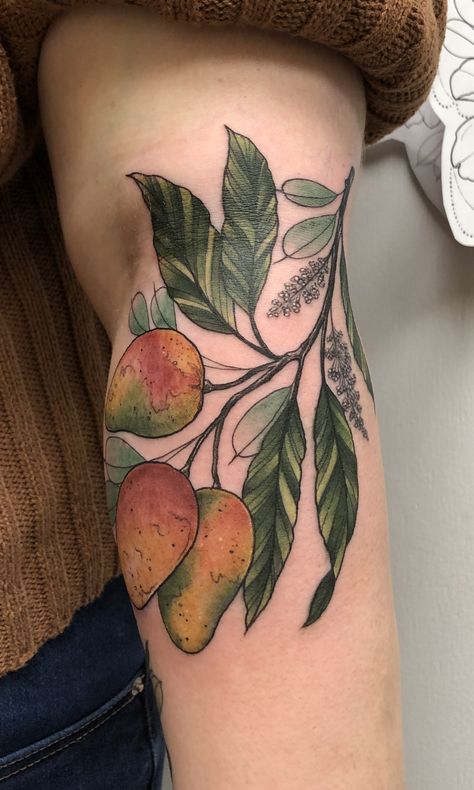 Mango Tattoo Mango Tattoo, Farm Tattoo, Beach Tattoos, Tattoo Removal Cost, Fruit Tattoo, Theme Tattoo, Panama City Beach Fl, Beach Tattoo, Plant Tattoo