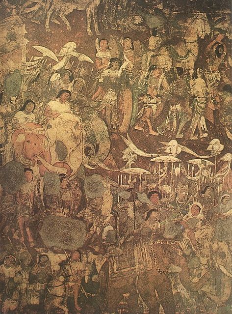 Ajanta Caves - Section of the mural in Cave 17, the 'coming of Sinhala'. The prince (Prince Vijaya) is seen in both groups of elephants and riders. Ajanta Caves Paintings, Ajanta Paintings, Stone Carving Sculpture, Indian Painters, Ajanta Ellora, Ellora Caves, Buddhist Architecture, Ajanta Caves, World Famous Paintings