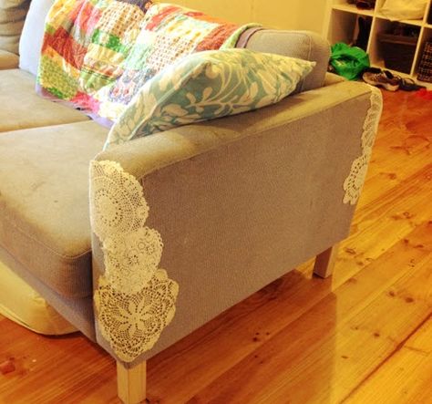 Doily Cat Scratch Cover - PetDIYs.com Couch Redo, Spare Room Closet, Repair Sofa, Couch Repair, Cat Scratching Furniture, Patchwork Sofa, Furniture Fix, Furniture Scratches, Cat Scratch