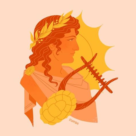 Flora 🏺🌿 on Instagram: "We're heading into eclipse szn, so what better time to draw my fav divinely chaotic twins 🌞🏹🌙 Following the colourful theme of my Roman Gods busts series, I made Apollo the golden orange of the sun, as well as giving him his laurel wreath and tortoiseshell lyre. Check out my page to see how Diana turned out! . . . . . . #romangodsseries #ancientrome #romanmyth #greekmyth #apollo #phoebusapollo #arthistory #arthistorynerd #darkacademia #storiadiroma #storiaditalia #ro Guitar Art Project, Greek Wreath, Apollo Aesthetic, Apollo Greek, Roman Myth, Roman Gods, Wreath Drawing, Greek Gods And Goddesses, Greek Mythology Art