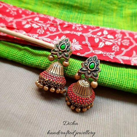 Terracotta jhumka with traditonal touch. Peach Terracotta, Terracotta Jewellery Making, Terracotta Jewellery Designs, Paper Quilling Jewelry, Pastel Color Palette, Quilling Jewelry, Terracotta Jewellery, Temple Jewelry, Pastel Colour Palette