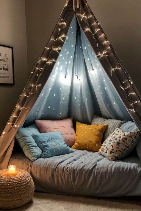 Cozy reading nook in a kids' playroom with a small bookshelf, comfy cushions, soft lighting, and a canopy or teepee Cozy Area In Bedroom, Corner Reading Nook Kids, Cute Reading Corners, Book Nook Corner, Kids Cozy Corner Ideas, Boys Reading Nook, Rainbow Reading Corner, Tent Reading Nook, Preschool Reading Corner