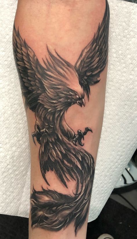 Phoenix Tattoo Black And Grey, Phoenix On Fire Tattoo, Phoenix Tattoo Men Arm, Forearm Phoenix Tattoo For Men, Phoenix Forearm Tattoo, Tattoo For Men Arm, Phoenix Tattoo Arm, Phoenix Tattoo Men, Phoenix Tattoo Sleeve