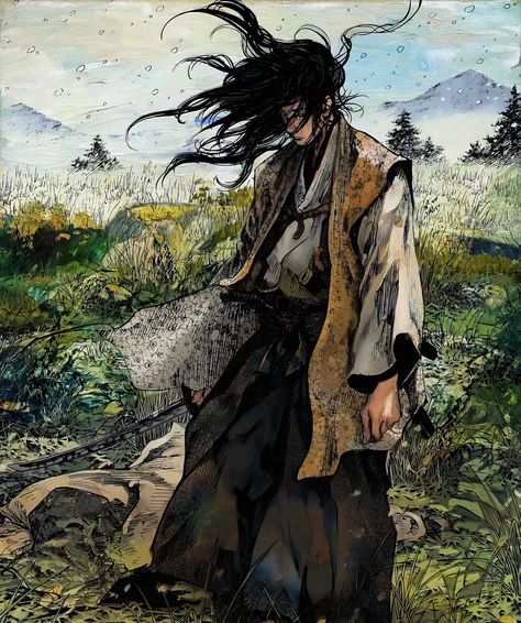 Sasaki Kojiro, Vagabond Manga, Colored Manga, Miyamoto Musashi, 캐릭터 드로잉, Samurai Art, Open Field, Good Manga, Fantasy Landscape