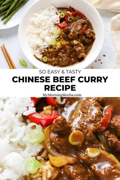 Here's how to make Chinese takeaway beef curry in under 30 minutes! This recipe is quick, easy and tastes so good too. via @MyMorningMocha Chinese Beef Curry Recipe, Chinese Beef Curry, Chinese Curry Recipe, Chinese Beef Recipes, Panang Curry Recipe, Beef Curry Recipe, Chinese Beef, Vermicelli Recipes, Traditional Chinese Food