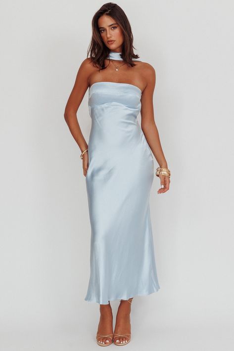 Shop the Damsel Reverse Halter Maxi Dress Baby Blue | Selfie Leslie Baby Blue Dress Outfit Wedding, Satin Dress Outfit Classy, Baby Blue Bridesmaid Dresses, Blue Selfie, Maxi Dress Strapless, Dress Baby Blue, Selfie Leslie, Classy Dresses, Baby Blue Dresses