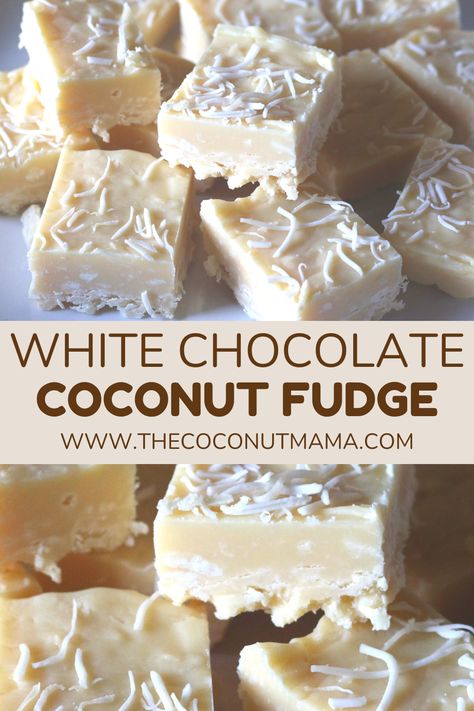 This decadent white chocolate coconut fudge is easy to make and only requires three ingredients. This is a quick dessert for any occasion. White Fudge Recipe Easy, White Chocolate Fudge Easy, Coconut Fudge Recipe, Coconut Oil Fudge, Gluten Free Dairy Free Recipes Dinner, White Fudge, White Chocolate Fudge Recipes, Clean Eating Sweets, Coconut Fudge