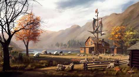 Daybreak - Rustic Farm, Alex Jessup on ArtStation at https://www.artstation.com/artwork/6ZA6w Rustic Painting, Apocalypse World, Post Apocalyptic Art, Windmill Design, Farm Art, Farmhouse Art, Post Apocalypse, City Landscape, Rustic Gardens