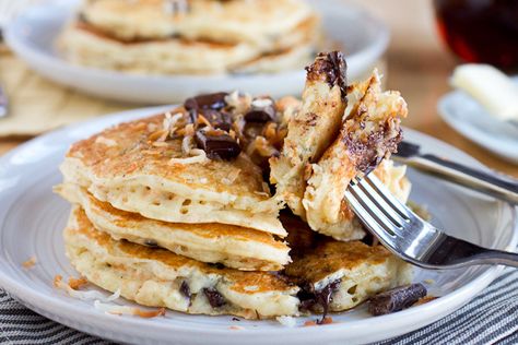 Toasted Coconut Chocolate Chunk Pancakes | Smells Like Home Sweet Pancakes, Morning Meals, Coconut Pancakes, Pancakes Breakfast, Chocolate Pancakes, Coconut Chocolate, Breakfast Bites, Sweet Cravings, Chocolate Recipe