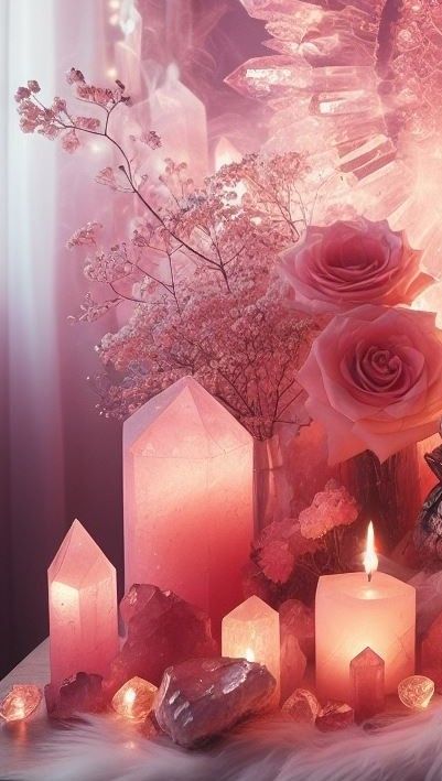 Love Magic Aesthetic, Angel Aesthetic Pink, Rose Quartz Wallpaper, Rose Quartz Aesthetic, Crystal Collection Display, Wellness Decor, Ig Theme, Crystals Rose Quartz, Crystal Room Decor