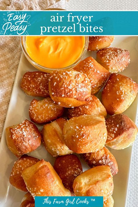 air fryer pretzel bites are pillowy bites of snack-able goodness! Made with love and air-fried perfection, these golden dough morsels are the perfect blend of warm, soft and flavorful. We love these as an afternoon snack or game day munch! Air Fryer Pretzel Bites Biscuit Dough, Air Fryer Pretzel Bites, Air Fryer Pretzel, Easy Midnight Snacks, Field Meals, Pretzel Rolls, Bite Size Snacks, Frozen Bread Dough, Homemade Pretzels