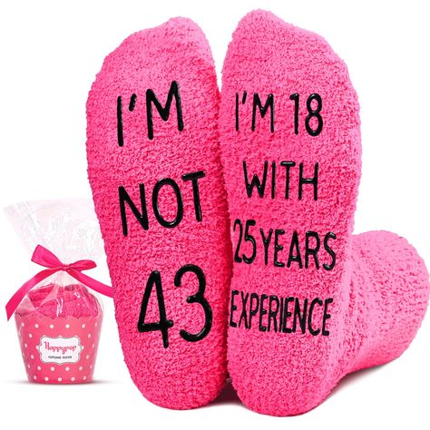 PRICES MAY VARY. 43 BIRTHDAY GIFTS FOR WOMEN: These pink 43rd birthday socks could be cool gifts for 43 year old woman in your life, such as your mom, grandma, nana, wife, sister, aunt, sister-in-law, or female friend. GIFTS FOR WOMEN IN THEIR 43S: Say it with socks - "I'M NOT 43, I'M 18 WITH 25 YEARS EXPERIENCE." These are suitable for any holiday gifts, such as Birthday gifts, White Elephant gifts, Christmas gifts, Mothers Day gifts. 43 AND FABULOUS GIFTS FOR WOMEN: Our Happy Birthday socks co 71st Birthday, 71 Birthday, Cupcake Packaging, Christmas Wedding Gifts, Friend Gifts, Valentines Day Weddings, Old Woman, Gifts For Your Mom, Christmas Birthday Gifts