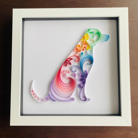 Dog Quilling, Arte Quilling, Paper Quilling Patterns, White Box Frame, Rainbow Dog, Quilling Paper Craft, Paper Quilling Designs, Rainbow Cat, Quilling Patterns