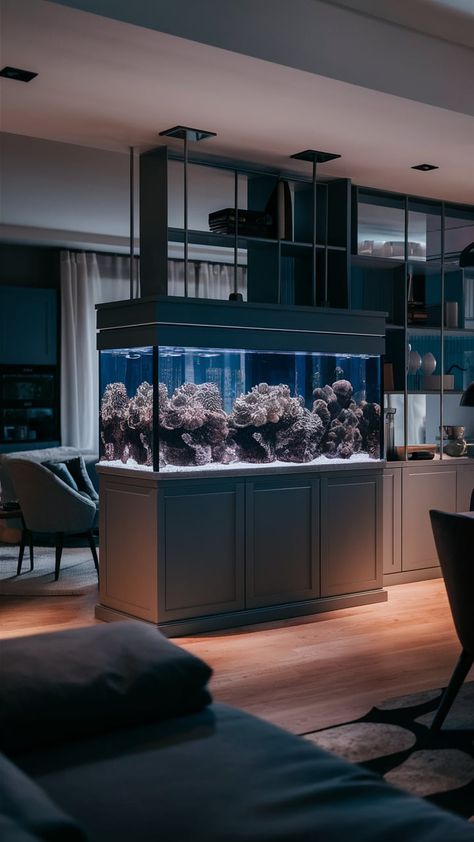 Modern Kitchen Aquarium Design Ideas Modern Aquarium Design, Modern Aquarium Ideas, Aquarium Ideas Living Rooms, Kitchen Aquarium, Room Separation Ideas, Aquarium House, Modern Kitchen Islands, Room Aquarium, Modern Aquarium