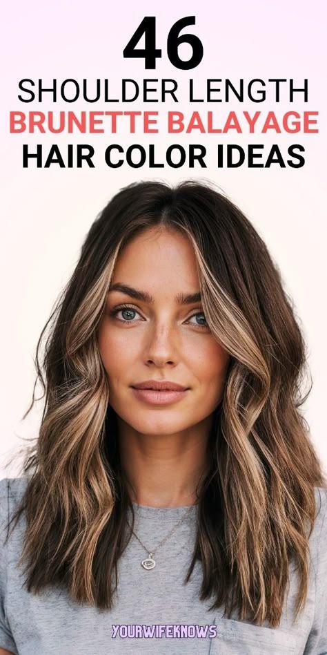 Dive into these 46 gorgeous brunette balayage ideas for shoulder-length hair. Whether you’re into dark brown hues or lighter shades, there’s something here for you. Perfect for straight and natural hair types, these styles include everything from curtain bangs to layers, ensuring you’ll find the perfect look to enhance your natural beauty. Lighter Hair Colors For Dark Hair, Long Bob Haircuts Curtain Bangs, Hair Color Ideas For Brunettes Mid Length, Long Bobs For Fine Hair Shoulder Length, Dark Brown Hair Going Lighter, Dark Brown Hair Fall 2024, Balayage Hair Medium Length Dark Roots, Hair Coloring For Brunettes, Natural Balayage For Dark Brown Hair