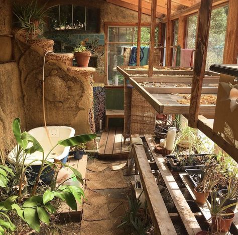 Bathtub In Greenhouse, Salmon Creek Farm, Greenhouse Bathtub, Greenhouse Bathroom, Cob Construction, Bark Siding, Communal Garden, Greenhouse Home, Compost Toilet