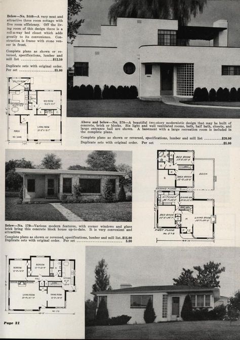 Art Deco style homes from a plan book !!! From the L.F. Garlinghouse Co, Topeka, Kansas in 1950 Streamline Architecture, Art Deco House Plans, Art Deco Houses, Art Deco House, Art Deco Homes, Deco House, Topeka Kansas, Vintage House Plans, Streamline Moderne