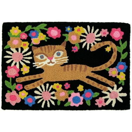 This Jellybean accent rug features a bright eyed kitty rolling among colorful floral blooms. The varietal flowers will make an eye-catching addition to your indoor or outdoor space of choice. Machine washable crafting featuring partially recycled materials make this accent rug a fresh, sustainable choice. Size: 20" x 30".  Color: Multicolor.