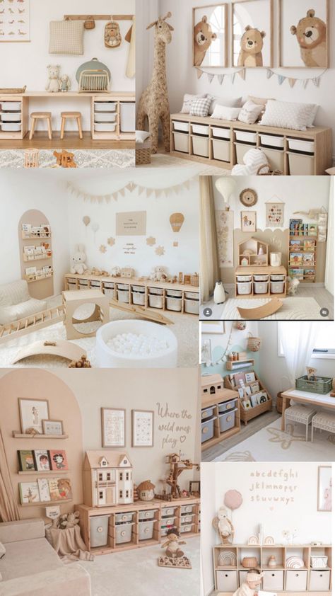 Playroom Ideas Neutral Colors, Neutral Toy Room, Play Room Aesthetic Room Decor, Toddler Study Room Ideas, Neutral Montessori Playroom, Chic Playroom Ideas, Pre Toddler Classroom Ideas, Pastel Playroom Ideas, Playroom Ideas Neutral