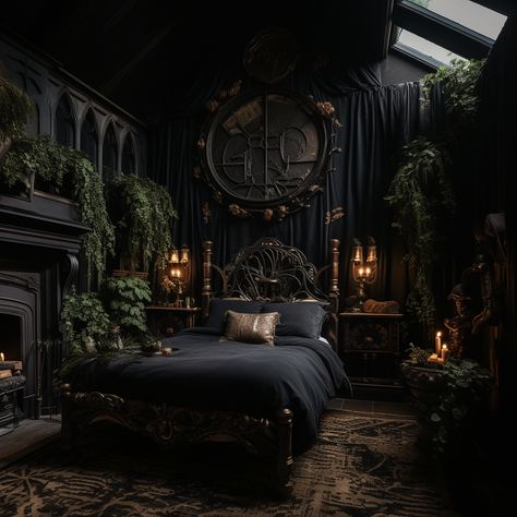 Gothic Nature Aesthetic Bedroom, Black And Green Gothic Bedroom, Dark Cottage Core Aesthetic Bedroom, Dark Enchanted Forest Bedroom, Gothic Forest Bedroom, Dark Fairy Room Aesthetic, Gothic Master Bedrooms Decor, Slytherin Aesthetic Room Ideas, Goth Cottagecore Bedroom