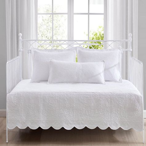 Complete the look of your guest bedroom with this stylish Laura Ashley Trellis Daybed Set. Click this BED & BATH GUIDE to find the perfect fit and more! Complete the look of your guest bedroom with this stylish Laura Ashley Trellis Daybed Set. Click this BED & BATH GUIDE to find the perfect fit and more! Breathable Trellis design in solid white Pre-washed for softness and light weight for year-round use or layeringTWIN SET 4-piece set Quilt: 75"W x 39"L Two shams: 21"L x 27"W Throw pillow: 36"W Trellis Stitch, White Daybed, Daybed Cover Sets, Bolster Pillow Cover, Daybed Sets, Ashley White, Laura Ashley Home, Daybed Covers, Day Bed