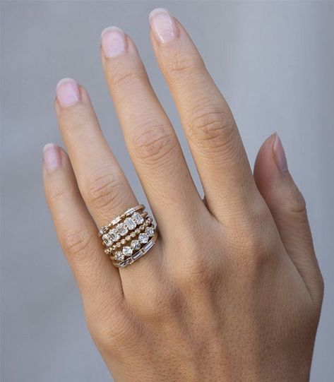 Gold Band Ring Stack, Stacked Wedding Bands For Women, Antique Ring Stack, Diamond Ring Stacking Ideas, Ring Stacks Wedding, Stacked Diamond Rings, Diamond Band Stack, Stacked Diamond Wedding Bands, Diamond Ring Stack