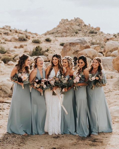 bridesmaids Joshua Tree Wedding, Muted Palette, Bridesmaid Inspiration, Mismatched Bridesmaid Dresses, Bridesmaids Photos, Wedding Colors Blue, Dusty Blue Weddings, Glam Squad, Fall Weddings