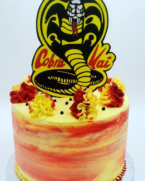 A birthday cake for a Cobra Kai fan! Flavors are vanilla cake with vanilla buttercream. Cobra Kai Cakes, Cobra Kai Cake Ideas, Cobra Kai Party Ideas, Cobra Kai Birthday Cake, Cobra Kai Birthday Party Ideas, Cobra Kai Birthday Party, Karate Cake, Karate Birthday, Neon Birthday Party