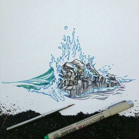 Water Crashing On Rocks Drawing, Rock In Water Drawing, Waves Crashing On Rocks Drawing, Wave Crashing Drawing, Rock And Water Tattoo, Water Hitting Rocks, Rock And Wave Tattoo, Wave And Rock Tattoo, Wave Crashing On Rocks Tattoo