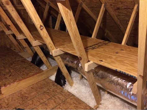 Diy Storage Shelves In The Attic  •  Free tutorial with pictures on how to make a shelf in under 120 minutes Attic Storage Shelves, Arbejdsplads Garage, Garage Attic Storage, Attic Storage Organization, Attic Organization, Plan Garage, Laundry Room Storage Shelves, Garage Attic, Attic Renovation Ideas