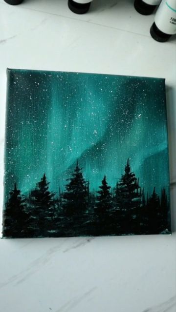 Northern Lights Mountains Painting, Painting Ideas Night Sky, Night Mountain Painting, Northern Lights Painting Easy, Night Time Paintings, Camping Paintings, Northern Lights Drawing, Painting Ideas Scenery, Night Art Painting