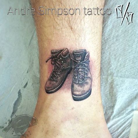 Hiking boots tattoo Tattoos Hiking, Tiny Hiking Tattoo, Hiking Sleeve Tattoo, Hiking Boot Tattoo Ideas, Trekking Tattoo Ideas, Hiking Boot Tattoo, Simpsons Tattoo, Small Tattoos, Hiking Boots