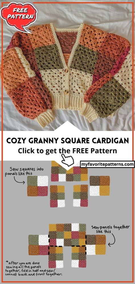 Sweater Crochet Pattern Granny Square, Crochet Fun Granny Square, Diy Cardigan Crochet, 70s Crochet Patterns Free, Granny Square Crochet Projects Ideas, Grandma Square Crochet Pattern, Funky Crochet Patterns, Cardigan Crochet Tutorial, Knitted Aesthetic