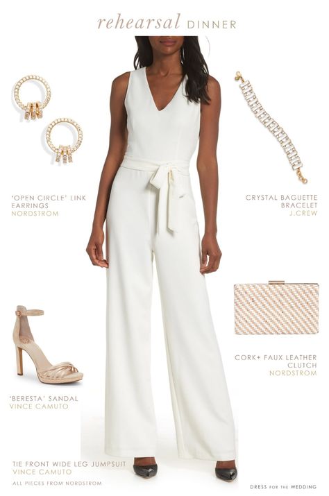 White jumpsuit for brides. This ivory jumpsuit is the perfect rehearsal dinner or reception outfit for bride-to-be. #sponsoredpost #nordstrom #bridetobe #rehearsaldinneroutfit #bridaljumpsuit #whitejumpsuit #weddingjumpsuit #honeymoonoutfit Shoes For White Jumpsuit, Wedding Reception Outfit Guest, Feminine Suits, Reception Outfit For Bride, Jumpsuits For Weddings, Ivory Jumpsuit, Wedding Dress Jumpsuit, Dress For The Wedding, Ideas For Wedding Reception