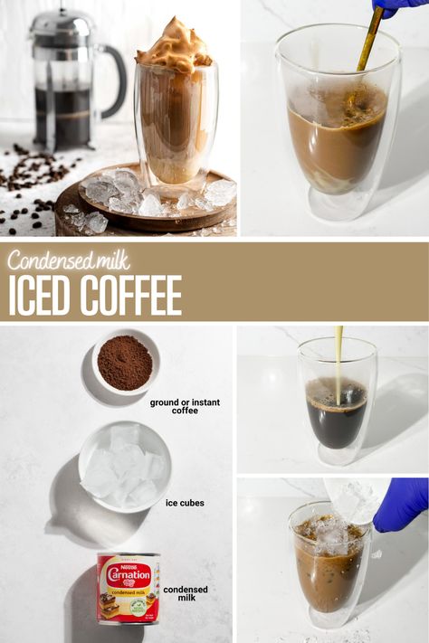 Tall glass of iced coffee on a wooden board, topped with Dalgona foam Coffee With Condensed Milk Recipes, Condensed Milk Iced Coffee, Recipe For Iced Coffee, Instant Iced Coffee Recipe, Condensed Milk Coffee, Coffee With Condensed Milk, Frozen Coffee Drinks, Condensed Milk Recipe, Homemade Iced Coffee