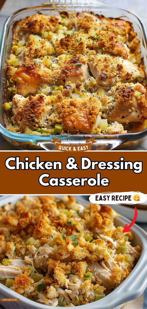 This Chicken & Dressing Casserole is a comforting classic. Tender chicken combined with savory dressing and baked to perfection makes for an easy, satisfying meal that’s perfect for weeknights. #ChickenCasserole #ComfortFood #EasyDinners Chicken And Boxed Dressing Casserole, Easy Chicken And Stuffing Bake Allrecipes, Baked Chicken Recipes With Veggies, Chopped Chicken Recipes Dinners, Baked Chicken With Stuffing Casserole, Stove Top Dressing Casserole, Casseroles With Cooked Chicken, My Boards Saved Recipes Chicken Casseroles, Baked Dressing Recipes