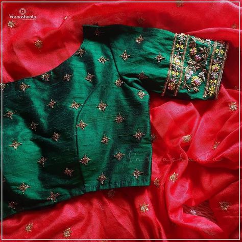 Green Maggam Work Blouse, Upada Saree, Paithani Lehenga, Cold Shoulder Blouse Designs, Blouse Designs Aari Work, Green Blouse Designs, Maggam Blouses, Magam Work, Blouse Maggam Work