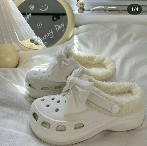 Aesthetic Crocs, Fuzzy Crocs, Crocs Platform, Platform Crocs, Bows Coquette, Ugg Ultra Mini, Crocs Fashion, Feminine Shoes, Dr Shoes