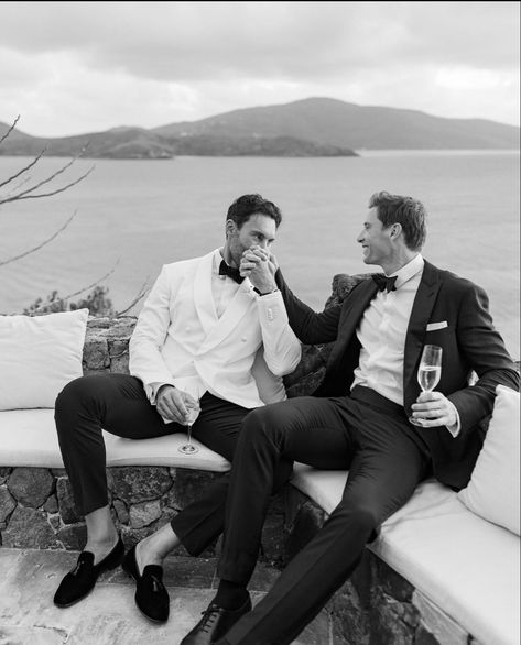 Black White Couple, Necker Island, Old Money Wedding, Gay Wedding Photography, Gay Wedding Photos, Money Wedding, Armani Suits, Wedding Money, Lake Como Wedding