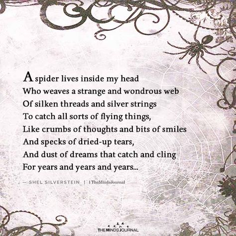 A Spider Lives Inside My Head Spider Quotes, Spider Poem, Silverstein Poems, Shel Silverstein Poems, Web Quotes, Halloween Poems, Inside My Head, Introvert Quotes, The Quiet Ones