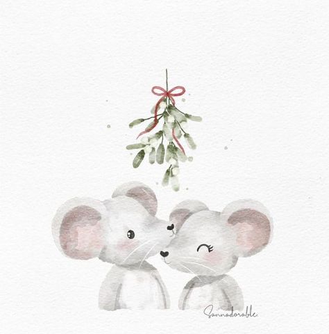 Fall Drawings, Christmas Mistletoe, Mouse Illustration, 동화 삽화, New Year Art, Mistletoe Kiss, Christmas Cards Kids, Xmas Wallpaper, Winter Watercolor