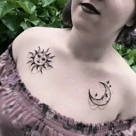 Moon and sun cheat tattoo ideas for women, Top Of Chest Tattoo Female, Chest Tattoo Female Witch, Small Upper Chest Tattoos For Women, Upper Breast Tattoo For Women, Moon Chest Tattoo Female, Chest Piece Tattoos For Women, Side Chest Tattoo, Chest Tattoo Ideas For Women, Shoulder Chest Tattoo Female