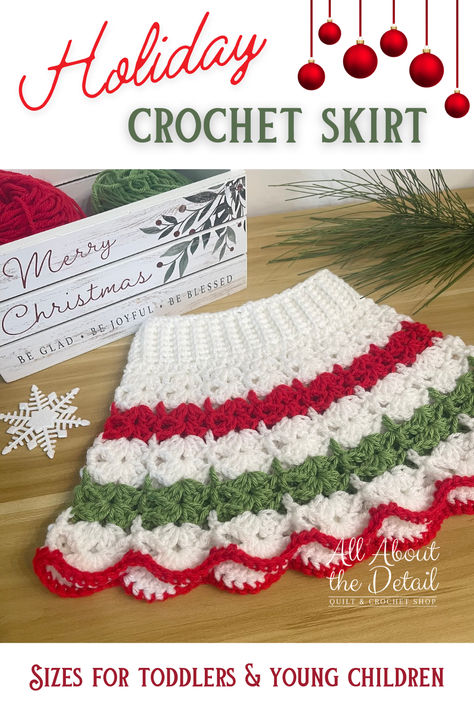 Handmade crochet skirt for the holiday season featuring red, green, and white stripes with a scalloped edge. Sizes for toddlers and young children. Crochet Christmas Skirt, Easy Crochet Skirt, Christmas Skirt Outfit, Knit Skirt Pattern Free, Crochet Skirt Tutorial, Knit Skirt Pattern, Christmas Wardrobe, Skirt Pattern Free, Holiday Skirt