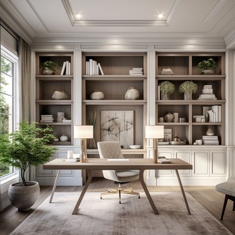 Office With All Windows, Office File Storage Room, White Home Offices, Modern Office With Couch, Home Office Built In Ideas, Hampton Home Office, Small Office Design Ideas Business, Office With White Built Ins, Study Built In Bookcases