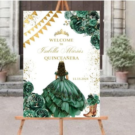 Emerald Green Gold Welcome Sign Quinceañera, Charro Mis XV, Boots Digital Poster, Entrance Signage Sweet 16, DIY Editable Template, Download - Etsy Romania Gold Welcome Sign, Entrance Signage, Digital Poster, Template Download, Green Gold, Editable Template, Quinceanera, Sweet 16, Welcome Sign