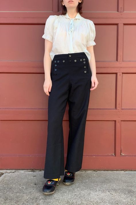 Antique shirt, sailor pants, clogs Sailor Pants Outfit, Vintage Sailor, Sailor Pants, Pants Outfits, Vintage Lover, Sirens, Pants Outfit, Sea Creatures, Style Me