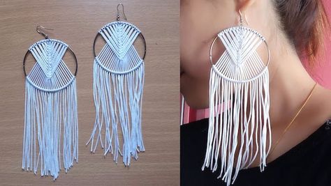 Macrame Earrings Tutorial Looks like Miniature Macrame Wall Decor - The Beading Gem's Journal Easy Diy Macrame, Macrame Earrings Tutorial, Diy Macrame Earrings, Macrame Jewelry Tutorial, Earrings Macrame, Macrame Colar, Crochet Earrings Pattern, Fabric Earrings, Easy Diy Jewelry